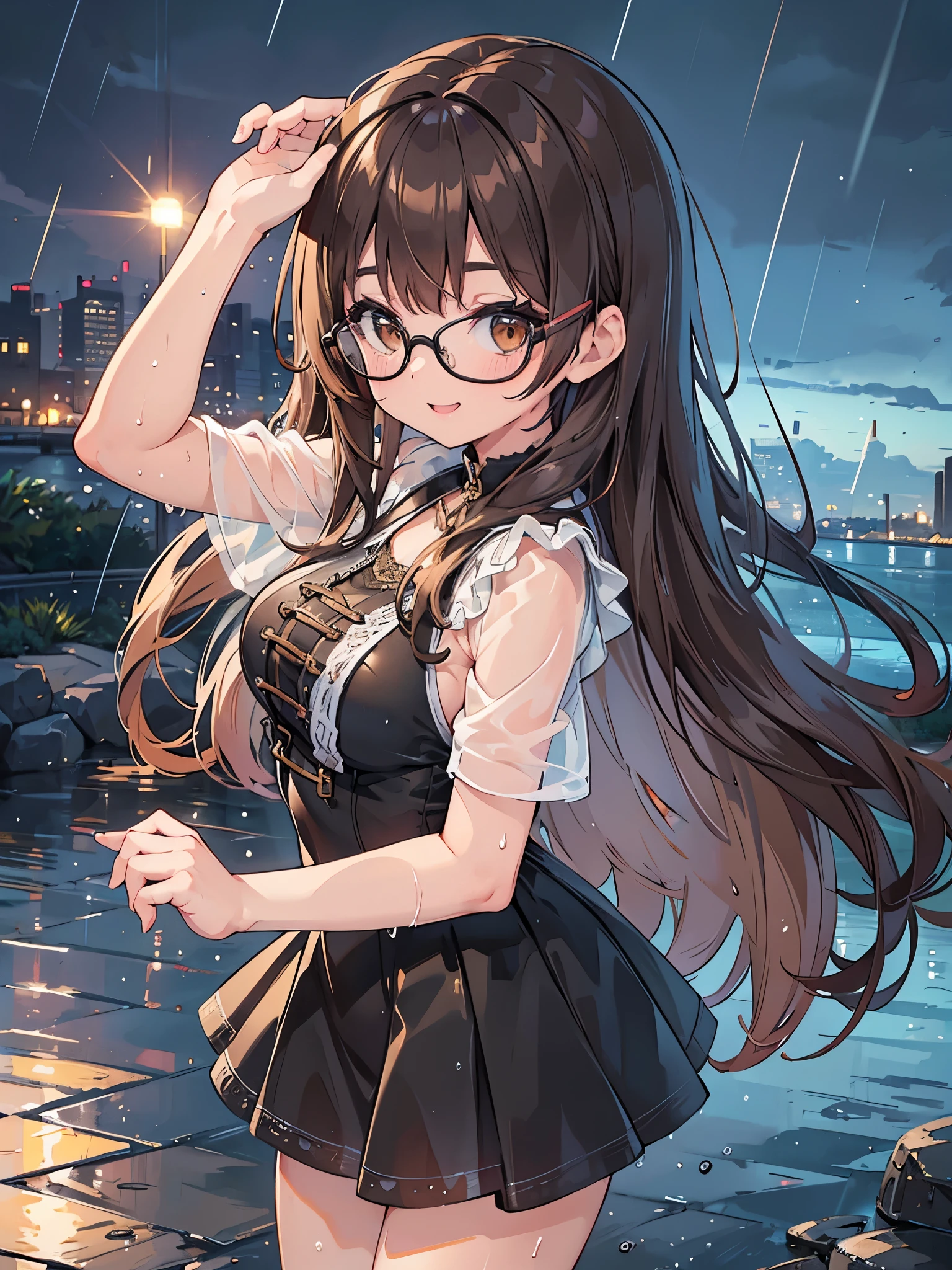 1 Female、Brown hair、Brown Eyes、Best Quality、Super detailed、8 Resolution、Raw photo、Mastepiece、Perfect Body、high resolution、highest quality、Detailed drawing、Vibrant colors、lure、smile、Long Hair、Black-rimmed glasses、Captivating breasts、Wet dress、rain