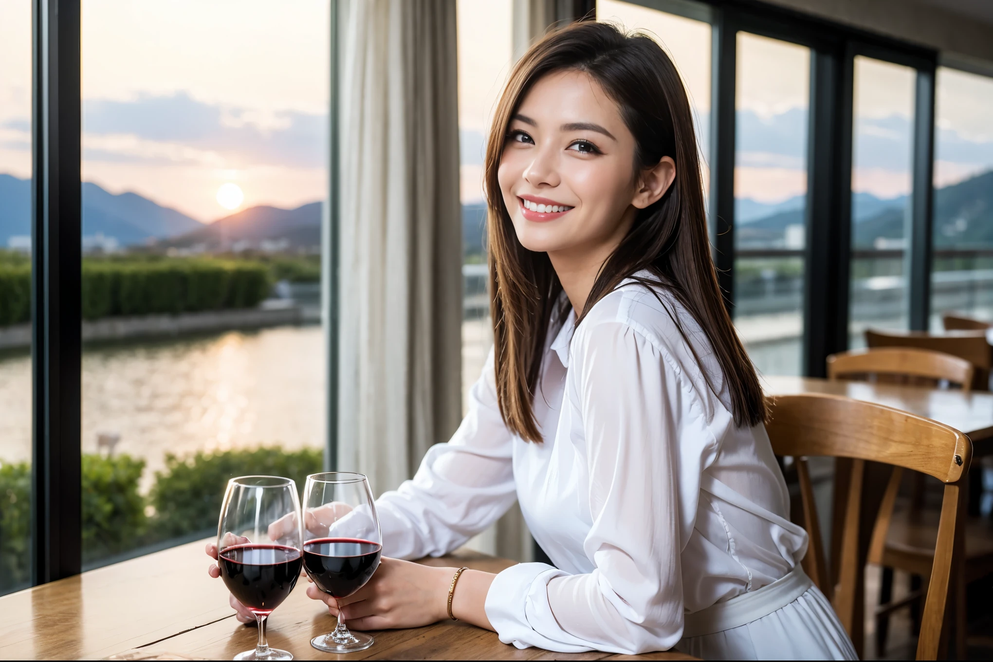 ((highest quality、8k、masterpiece:1.3))、1 male、1 female、石原さとみ似美女Couple、Spouse、Couple、The body is slim、((Bob Hale、Straight hair:1.2)), (Realistic, Intricate details:1.2), テーブルの上のwine glass、Shine light on your face、 Amazing view of the sunset sky and clouds、Amazing mountain views、A bright smile、The wonderfulness of smile、Bright image、The beauty of wine, Beautiful Face, blue eyes, The light shines on your face, Blushing, short hair,Bright Face、 (Age 37), "41 years old, red wine 、Appetizers、Italian food、Wine bottle、Champagne、sparkling wine、Two beauties、Brown Hair、Shortcuts、Long sleeve shirt、dress、Pretty Woman 1, (slimな顔), (The body is slim), (Brown Hair), (Shortcuts), cheeks turn a little red,Attractive beauty、restaurant, In a prominent place (From the waist up) Nova Frog Style, actress, model, Upper Body, White wine, slim, wine glass, 中央に置かれたwine glass, smile, (smile: 1.15), Beautiful fine grain, Depth f/2,saturation, High Contrast, Strong light and shadow,Moist Body:1.5、3D texture、Delicate eyes、Brown Hair、The hair is very shiny、