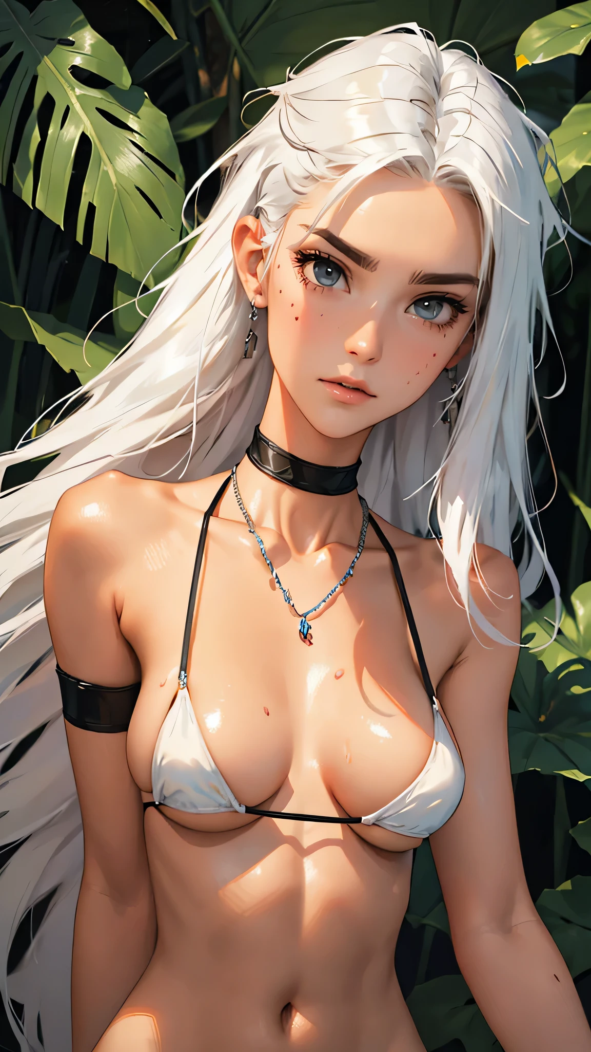 （lifelike， high - resolution：1.3）， 1 girl with a perfect body，slender body, Super fine face and eyes，assasin, dark makeup, shiny skin，white hair, ( micro bikini)，Expose cleavage, bracelets, natural jewelry, a lot of necklaces, body chains, waist chains, , sweaty shiny skin,