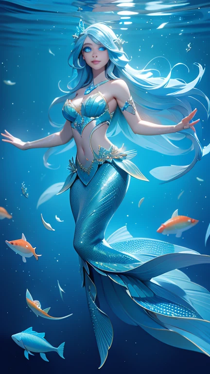 Realistic photos, best quality, Surreal, Ocean, Oceanbed, Underwater, Corals and Reefs, a Mermaid, A beautiful young woman, Hair floating freely in the water, from waist to toes, She has a fish tail, Mermaid, Swim with the fishes, (Serena v2.1),( There is a big fish tail ), (Beautiful blue eyes :1.4) ,Koi