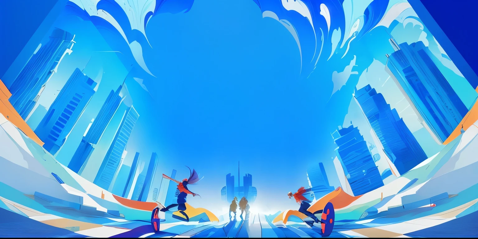 People walking in a large room under a blue sky, There are tall buildings on both sides,People who run forward, 4k hd illustration wallpaper, 4k hd wallpaper illustration, A beautiful artistic illustration, Background artwork, 8k cartoon illustration, 2D mask illustration, Cool background, 2D Illustration, 2D Illustration, animated illustration style, Color illustrations, Epic smooth illustrations, 2D digital illustration