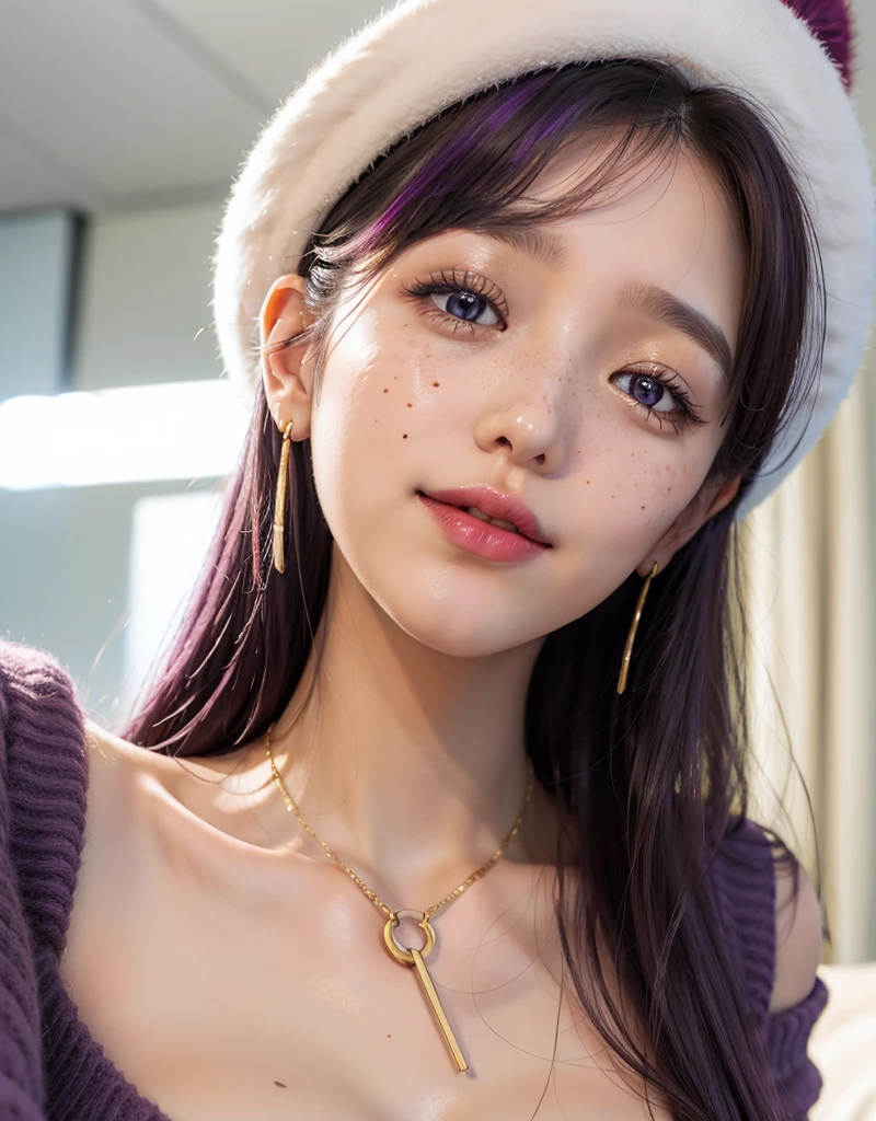 1 girl, slim head, 25 years old, south korean, idol, masterpiece, perfect face, soft skin, freckles under eyes, long soft fluffy purple hair, massive breast, shining purple eyes, red lips, natural makeup, red eyeliners, happy, big smile, leaning in for a kiss, kissing, pink earrings, gold necklase, off-shoulder sweater, soft white wool hat, facing the spectator, bright colors, portrait, face focus.