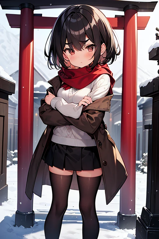 childhood friend,Short Hair,Black Hair,Thick eyebrows,Single,{masterpiece},{high quality},{Super detailed},{Perfect Face},Brown coat,Red scarf,White shirt,Black hot pants,Black tights,Brown leather shoes,Arms crossed,shrine,winter,Shut your mouth,Close your eyes,Blushing