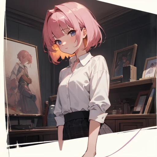 (absurdres), (perfect anatomy), (ingenious angle), (purple painting), beautiful composition, RAW photo, extremely delicate and beautiful, aesthetic,1 girl, medium hair, pink beige hair, blunt bangs, collared shirt, checkered skirt, look at viewer, upper body, from front, town, clear sky, emotional, perfect composition, trending pixiv fanbox, clear eyes, anime hand drawn illustration, produced by anime painter studio,