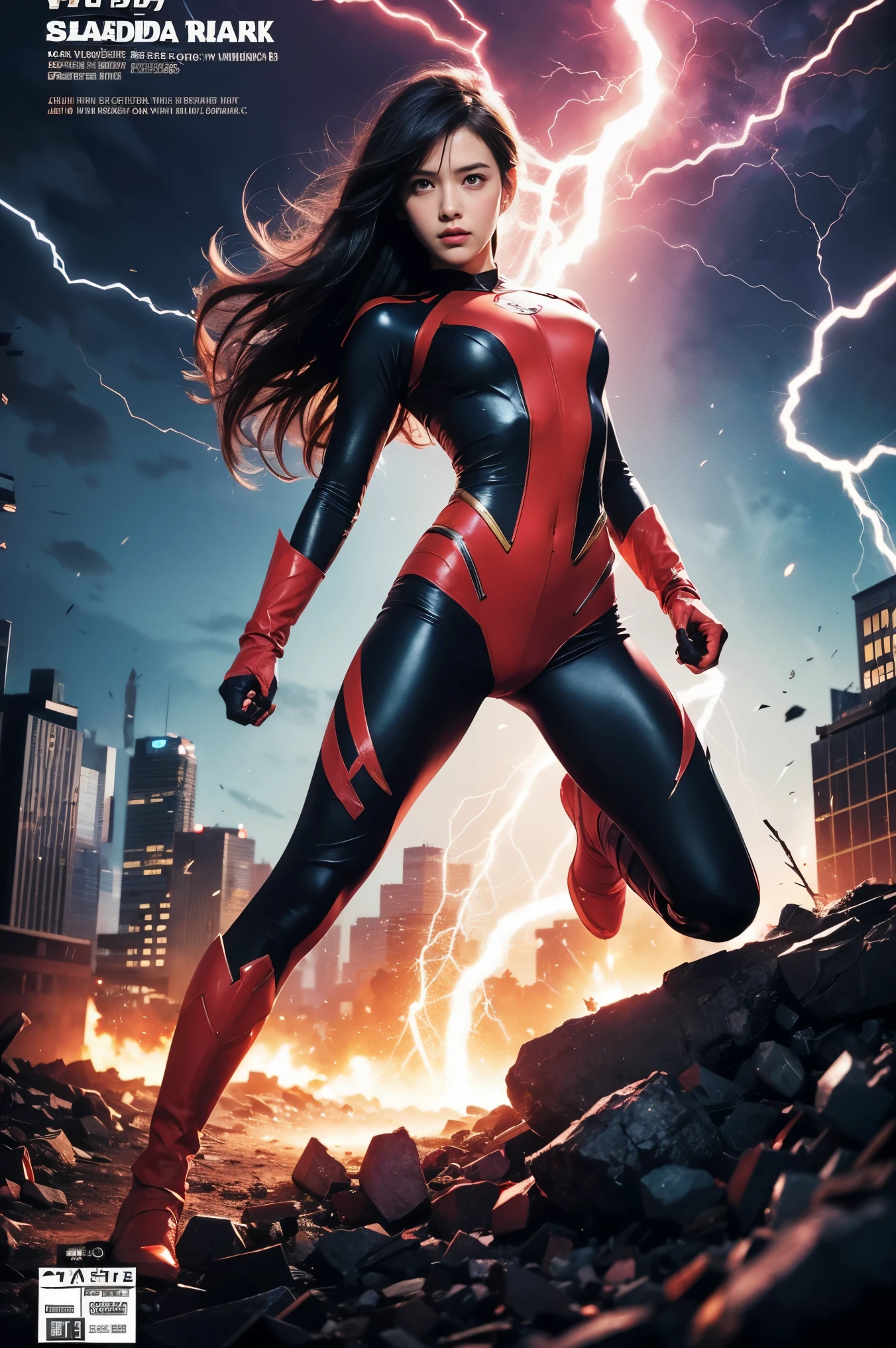 Sarada Uchiha,bodysuit, comic book cover style,comic book cover title,superhero land,city, action,fight,black eye,explosion,purple,Lightning,Orange,Red,pink