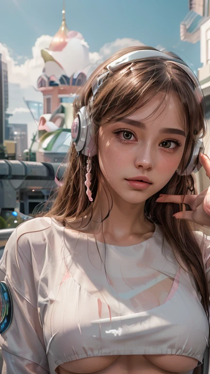 masterpiece, highest quality, Very detailed, 8k, RAW Photos, Realistic, One Girl, alone, Rim Light, Very detailed face, (Contrasting:1.1), Shoot from the front, (head shot:1.6), Upper Body, smile, Amazingly cute young Russian girl, Droopy eyes, pale pink plump lips, Light brown straight medium hair、With bangs, Light brown thin eyebrows, Oily skin, Wet Skin, Wearing an ivory and pink cyberpunk style bikini and jacket, Put on some high-tech headphones, Mid-chest, Cyberpunk city residential area, thunderclouds in the sky, Midsummer