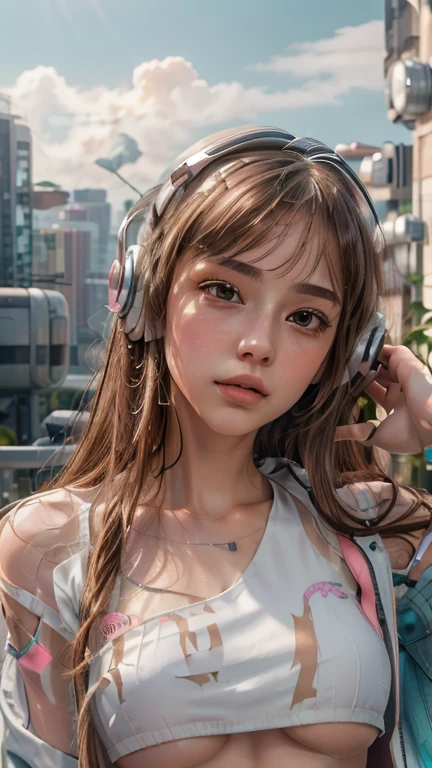 masterpiece, highest quality, Very detailed, 8k, RAW Photos, Realistic, One Girl, alone, Rim Light, Very detailed face, (Contrasting:1.1), Shoot from the front, (head shot:1.6), Upper Body, smile, Amazingly cute young Russian girl, Droopy eyes, pale pink plump lips, Light brown straight medium hair、With bangs, Light brown thin eyebrows, Oily skin, Wet Skin, Wearing an ivory and pink cyberpunk style bikini and jacket, Put on some high-tech headphones, Mid-chest, Cyberpunk city residential area, thunderclouds in the sky, Midsummer