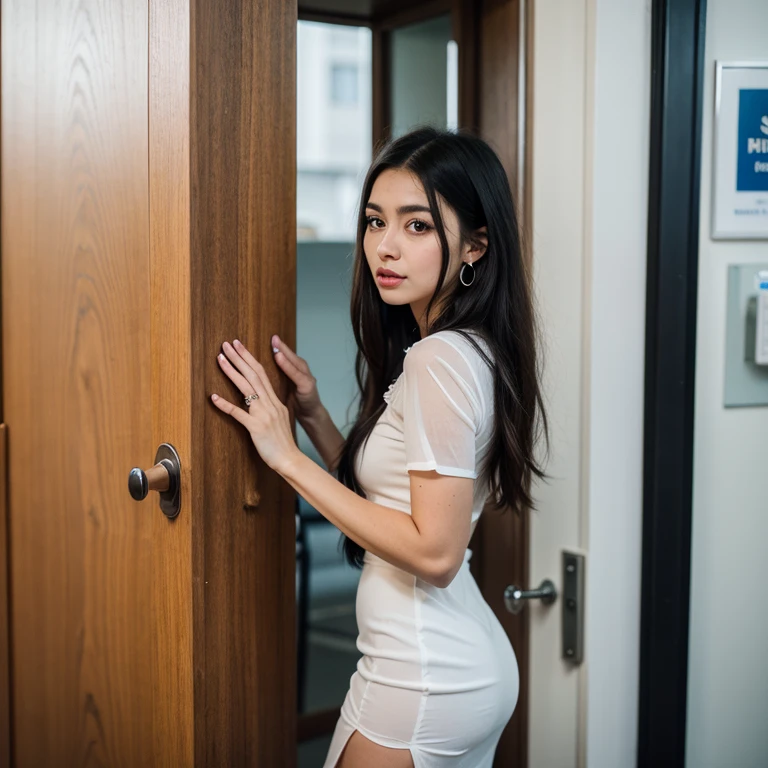 1 woman, black hair, blue pupils, delicate face, cute, love earrings, white sheer dress, standing at the door of the police station, playful, ultra hd, masterpiece, best quality, super detail, accurate