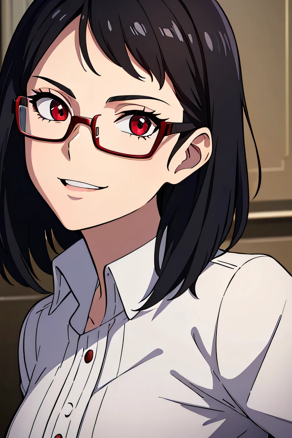 ((best quality)),((highly detailed)),masterpiece,absurdres,detailed face,beautiful face,(detailed eyes, deep eyes),1girl,((dynamic pose)), Sally, solo, glasses, black hair, red eyes, smile, looking at viewer, under-rim eyewear, semi-rimless eyewear, short hair, upper body, shirt and jacket