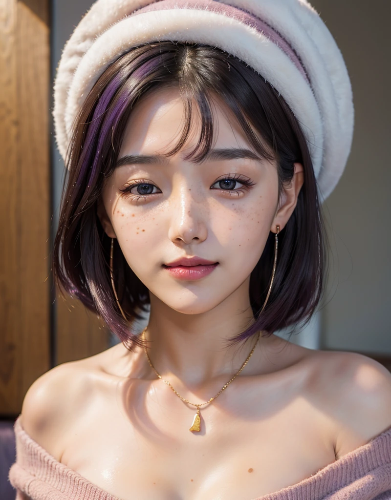 1 girl, slim head, 25 years old, south korean, idol, masterpiece, perfect face, soft skin, freckles under eyes, long soft fluffy purple hair, massive breast, shining purple eyes, red lips, natural makeup, red eyeliners, happy, big smile, leaning in for a kiss, kissing, pink earrings, gold necklase, off-shoulder sweater, soft white wool hat, facing the spectator, bright colors, portrait, face focus, low camera angle.