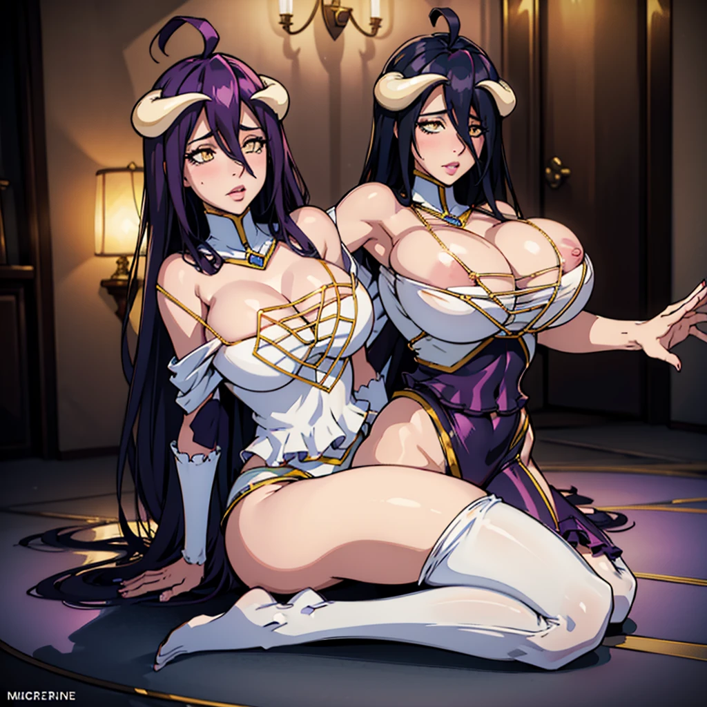 (fiche de conception de personnage, same character, Devant, side, de la), ((Extremely detailed illustration)), high resolution, des mains parfaites à cinq doigts, visage parfait . Deux filles de 25 ans,Soeurs jumelles, avec de gros seins et des mamelons qui pointent, vêtu d'une combinaison rose en latex (spandex) style hentaï ouverte aux parties intime, the scene shows her caressing her breasts, back bent facing the audience, angle de vue multiples, seductive and explicit, corps voluptueux et musclé, legs spread, plaisir intense écrit sur son visage, eyes rolled upwards. NSFW❤️💕💖💋