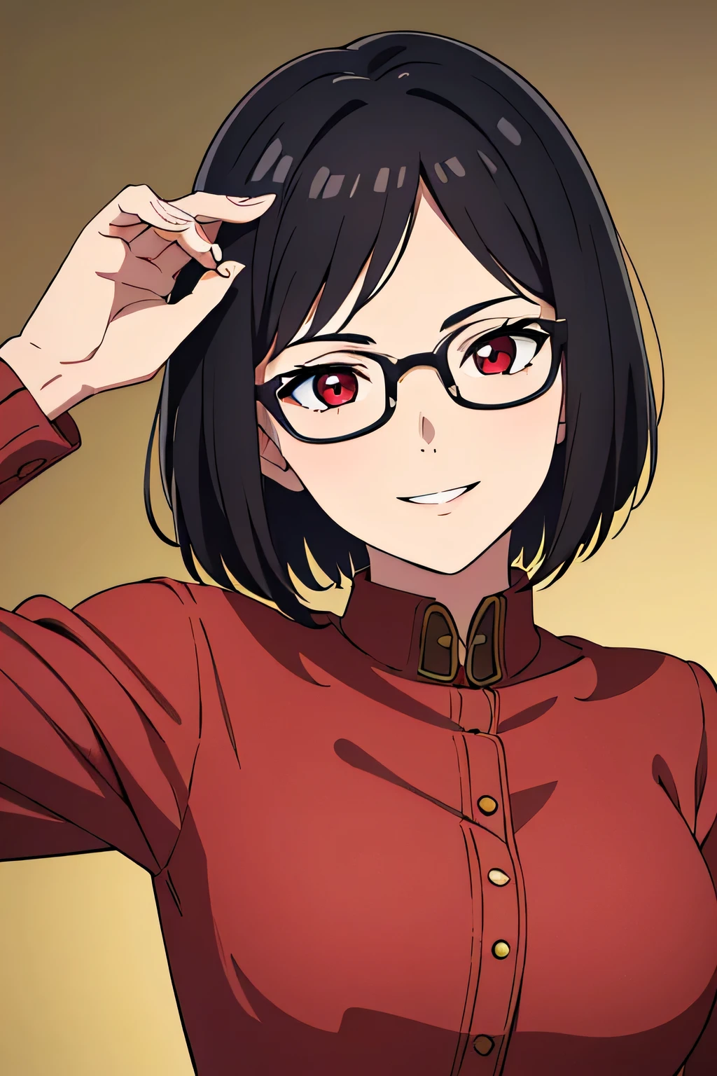 ((best quality)),((highly detailed)),masterpiece,absurdres,detailed face,beautiful face,(detailed eyes, deep eyes),1girl,((dynamic pose)), Sally, solo, glasses, black hair, red eyes, smile, looking at viewer, under-rim eyewear, semi-rimless eyewear, short hair, upper body, shirt and jacket