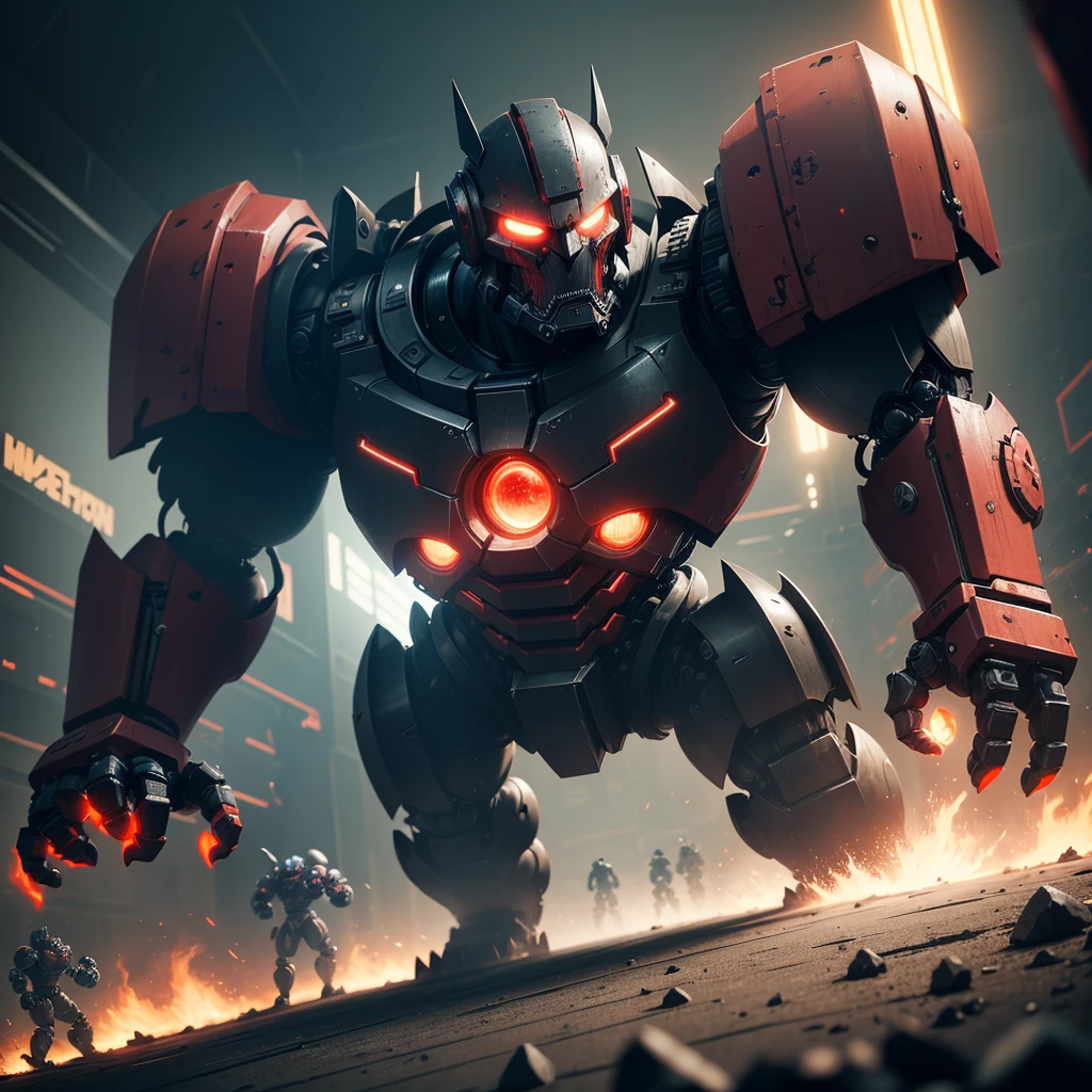 a huge intimidating brawler robot with oversized scary fists, evil color scheme, red glowing eyes, boxing a small timid robot, brutal destruction, robot brawl, in an arena, dark moody lighting, cinematic angle, highly detailed, intricate mechanical design, gritty industrial setting, dynamic action pose, masterpiece, 8k, photorealistic
