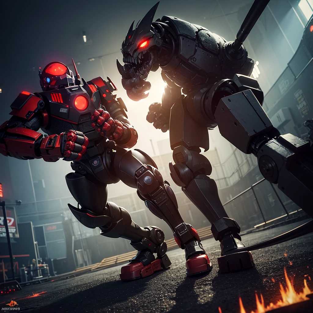 a huge intimidating brawler robot with oversized scary fists, evil color scheme, red glowing eyes, boxing a small timid robot, brutal destruction, robot brawl, in an arena, dark moody lighting, cinematic angle, highly detailed, intricate mechanical design, gritty industrial setting, dynamic action pose, masterpiece, 8k, photorealistic