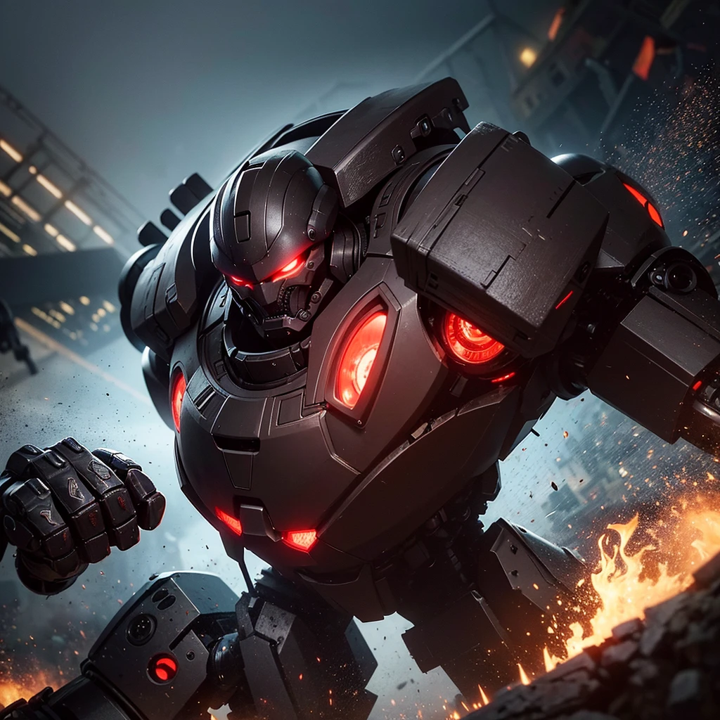 a huge intimidating brawler robot with oversized scary fists, evil color scheme, red glowing eyes, boxing a small timid robot, brutal destruction, robot brawl, in an arena, dark moody lighting, cinematic angle, highly detailed, intricate mechanical design, gritty industrial setting, dynamic action pose, masterpiece, 8k, photorealistic
