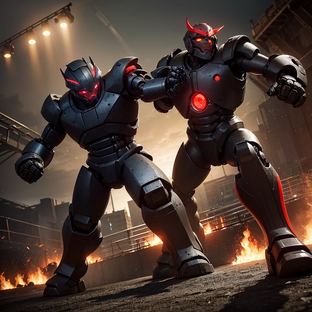 a huge intimidating brawler robot with oversized scary fists, evil color scheme, red glowing eyes, boxing a small timid robot, brutal destruction, robot brawl, in an arena, dark moody lighting, cinematic angle, highly detailed, intricate mechanical design, gritty industrial setting, dynamic action pose, masterpiece, 8k, photorealistic