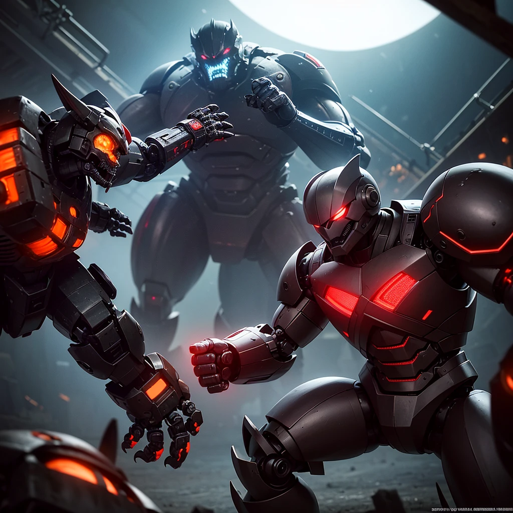 a huge intimidating brawler robot with oversized scary fists, evil color scheme, red glowing eyes, boxing a small timid robot, brutal destruction, robot brawl, in an arena, dark moody lighting, cinematic angle, highly detailed, intricate mechanical design, gritty industrial setting, dynamic action pose, masterpiece, 8k, photorealistic
