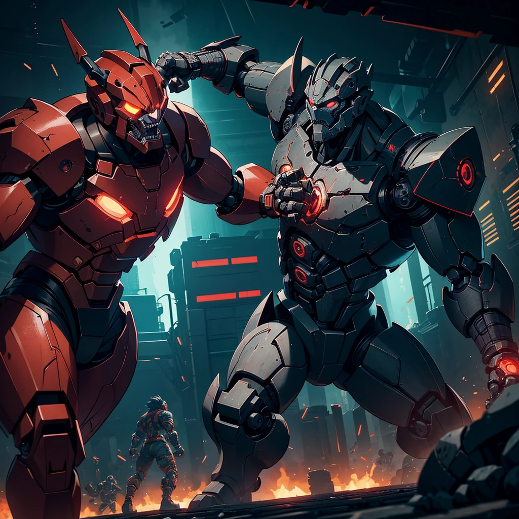 a huge intimidating brawler robot with oversized scary fists, evil color scheme, red glowing eyes, boxing a small timid robot, brutal destruction, robot brawl, in an arena, dark moody lighting, cinematic angle, highly detailed, intricate mechanical design, gritty industrial setting, dynamic action pose, masterpiece, 8k, photorealistic