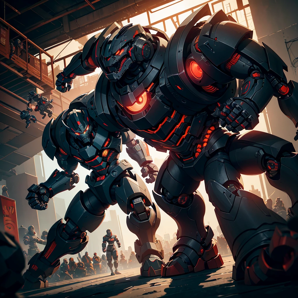a huge intimidating brawler robot with oversized scary fists, evil color scheme, red glowing eyes, boxing a small timid robot, brutal destruction, robot brawl, in an arena, dark moody lighting, cinematic angle, highly detailed, intricate mechanical design, gritty industrial setting, dynamic action pose, masterpiece, 8k, photorealistic
