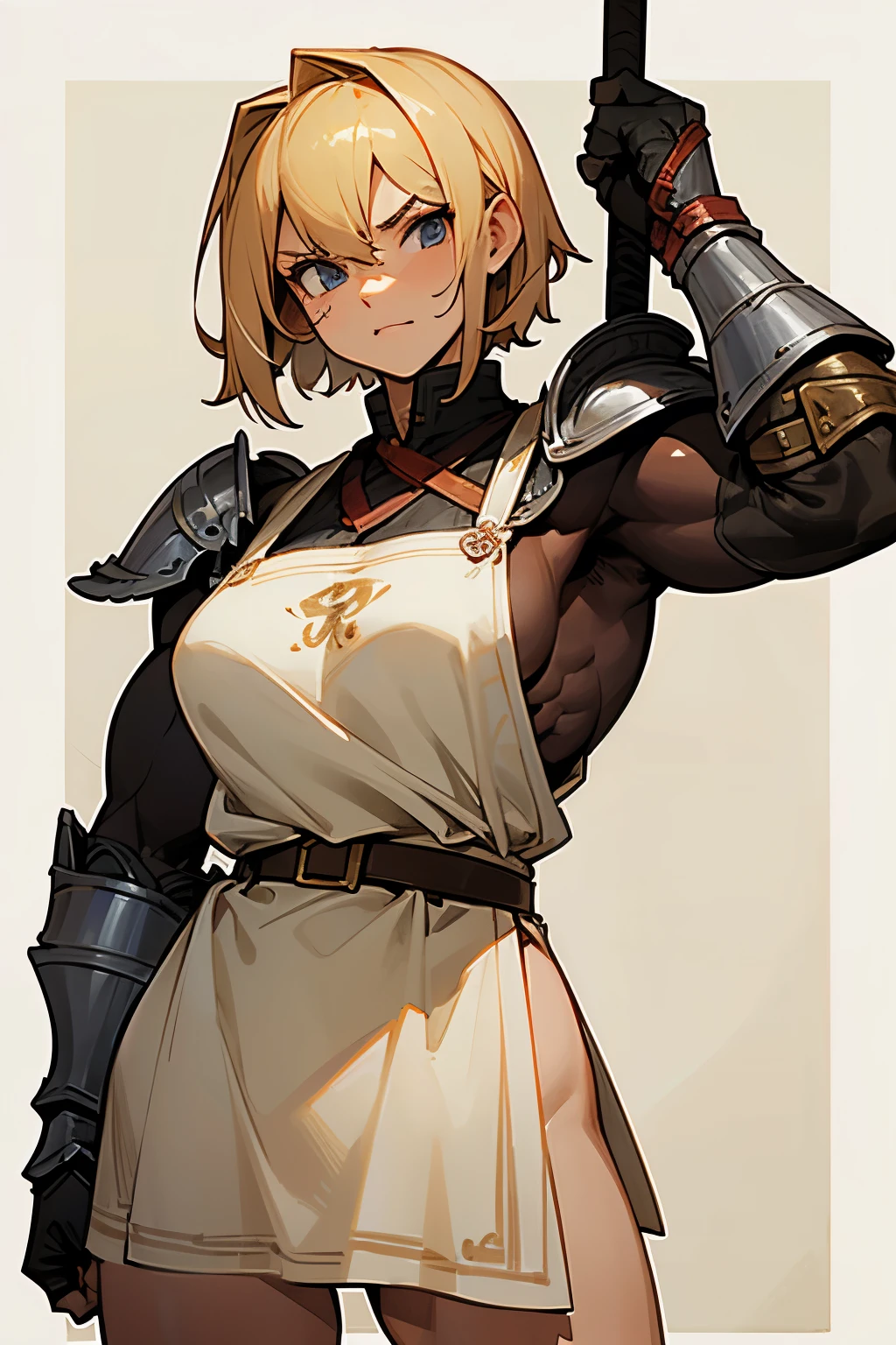 Girl, Barbarian, a strong and distinguished warrior with muscular features, short blond hair, and wearing simple armor and a brown apron with a belt.