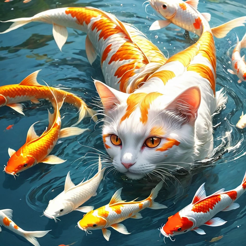 Fishtail cat in the sea，Big koi，Lots of koi，Koi fish of different colors and styles、Four white koi，Polka dot five color koi、Orange Gold Koi、Red and white koi、Minghai light yellow koi