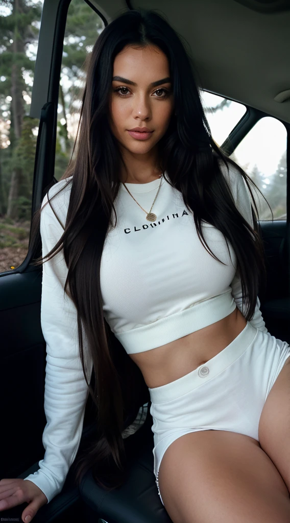 photorealistic, best quality, hyper detailed, beautiful woman, selfie photo, upper body,((very long hair, dark long hair)), solo, wearing pullover, 3 different style and cloths ,outdoors, (night), real life nature, (cheerful, happy), gloves, flashlight, forest, rocks, wood, smoke, fog, analog style, looking at viewer, skin texture, film grain, close up, ultra high res, best shadow, RAW, instagram LUT,long black hair,no pants, bare thighs,riding in a car, driving, white car, girl driving, sitting behind the wheel