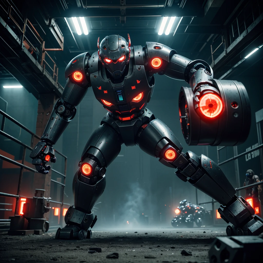 a huge intimidating brawler robot with oversized scary fists, evil color scheme, red glowing eyes, boxing a small timid robot, brutal destruction, robot brawl, in an arena, dark moody lighting, cinematic angle, highly detailed, intricate mechanical design, gritty industrial setting, dynamic action pose, masterpiece, 8k, photorealistic
