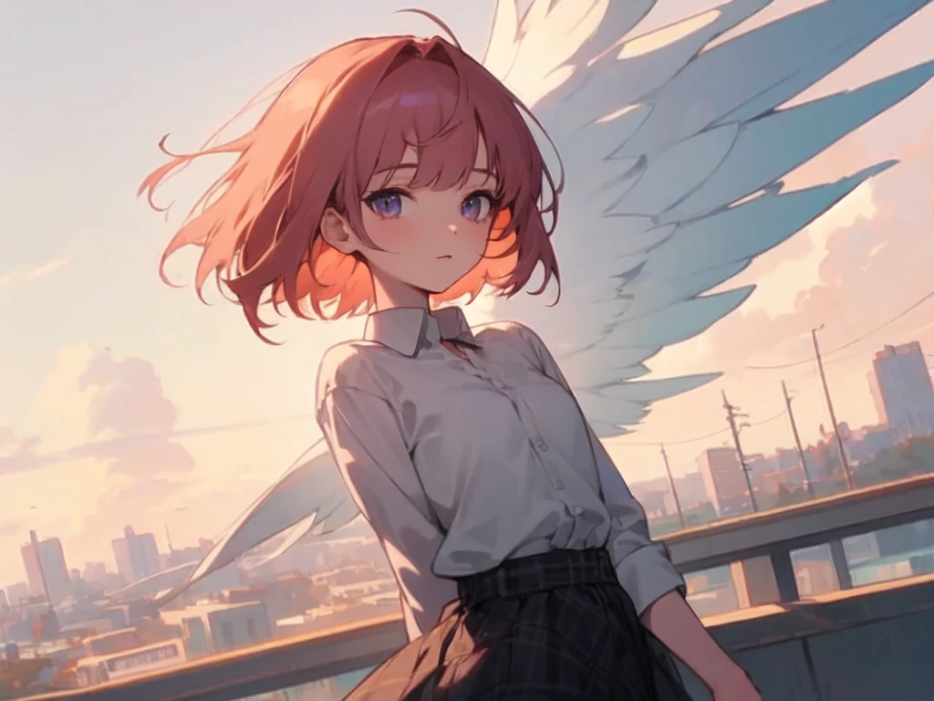 (absurdres), (perfect anatomy), (ingenious angle), (purple painting), beautiful composition, RAW photo, extremely delicate and beautiful, aesthetic,1 girl, medium hair, pink beige hair, blunt bangs, collared shirt, checkered skirt, look at viewer, upper body, from front, town, clear sky, emotional, perfect composition, trending pixiv fanbox, clear eyes, anime hand drawn illustration, produced by anime painter studio,