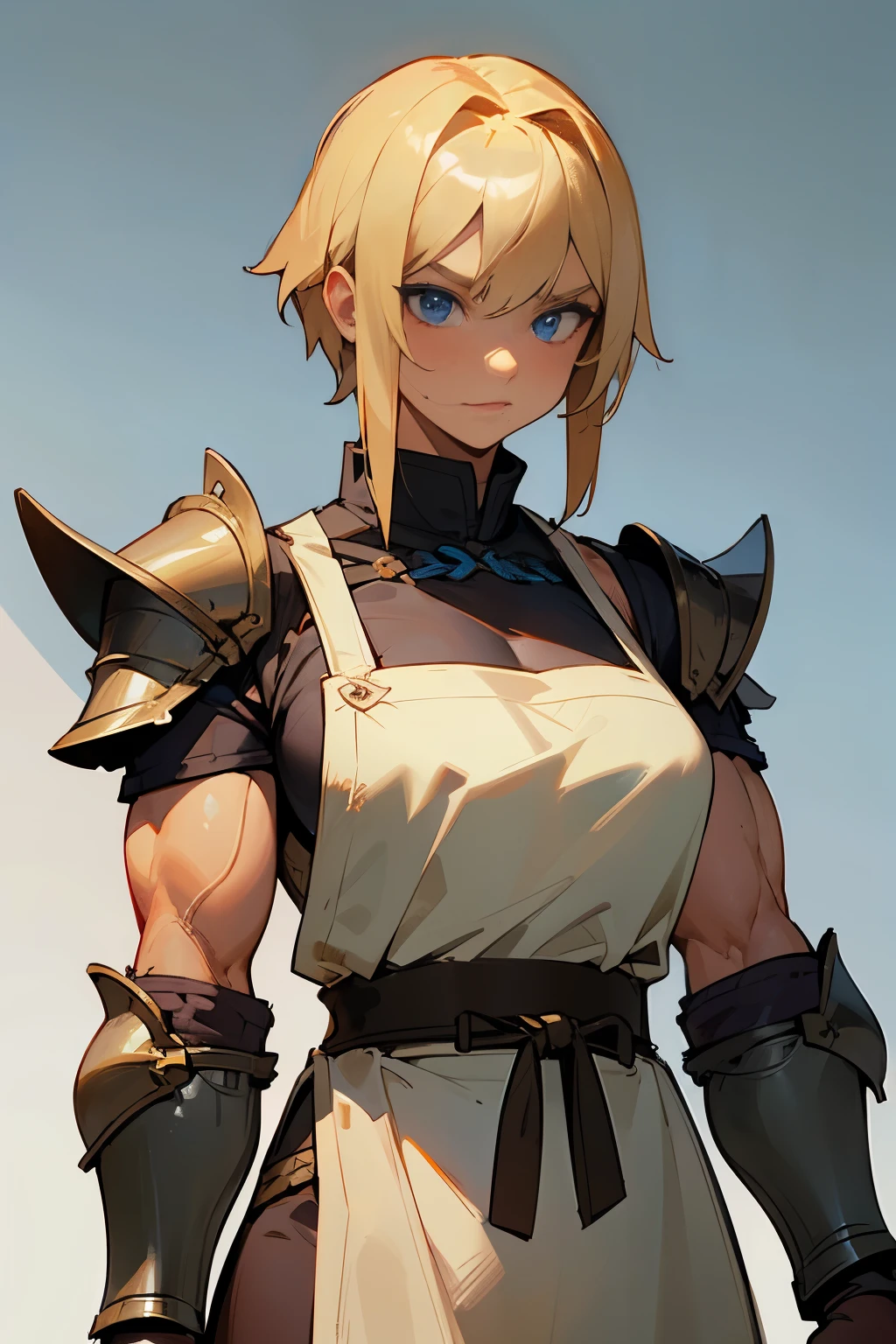 Girl, Barbarian, a strong and distinguished warrior with muscular features, short blond hair, wearing simple armor and a brown apron with a belt, beautiful blue eyes.