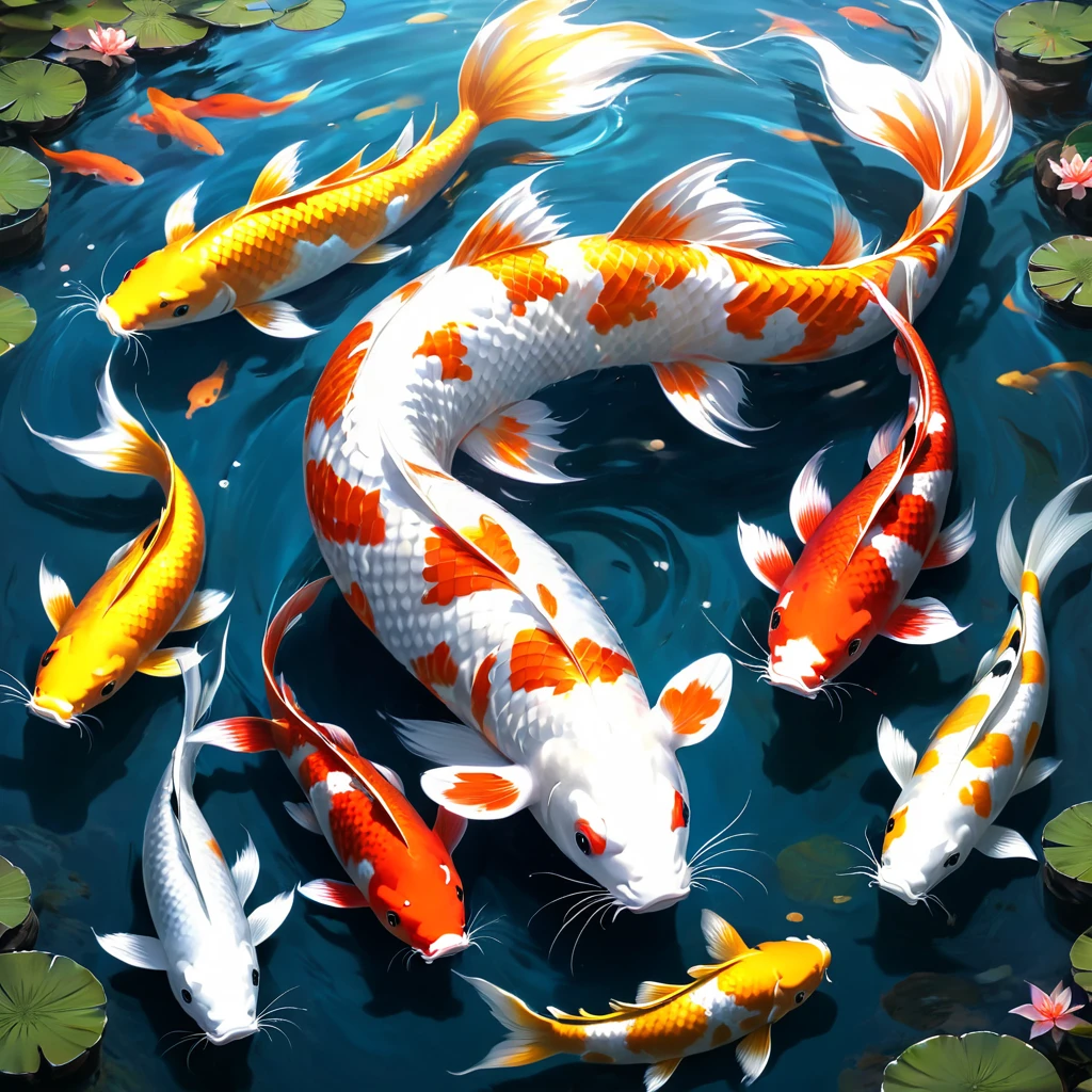 Fishtail cat in the sea,Big koi,Lots of koi,Koi fish of different colors and styles、Four white koi,Polka dot five color koi、Orange Gold Koi、Red and white koi、Minghai light yellow koi