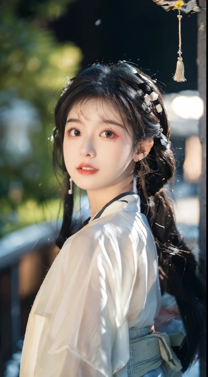 、(top quality,masterpiece:1.3,Ultra-high resolution,),(Super detailed,Caustic lines),(Reality:1.4,RAW Shooting,)Ultra-realistic capture,Very detailed,HD 16K,Suitable for human skin、 Natural skin texture、、Skin looks healthy and even-toned、 Use natural light and color,A woman,Kawaii,black hair,Medium Length Hair,(Depth of Field、Chromatic Aberration、、Wide lighting range、Natural shadows、)、(Nighttime outdoor lighting:1.4)、(Snow Scene:1.2)、(Hair blowing in the wind:1.1)(photoPractical, best quality, Ultra-high resolution, Extremely detailed eyes and face:1.3),(1 Girl, Solitary:1.3),On a wooden boat,Black Hair,Practical,long hair,Jewelry,Upper Body,White see-through Hanfu,Vague,earrings,Lips,Chinese clothes,Hair accessories,black eyes,Vague background,looking off to the side,Shut up,