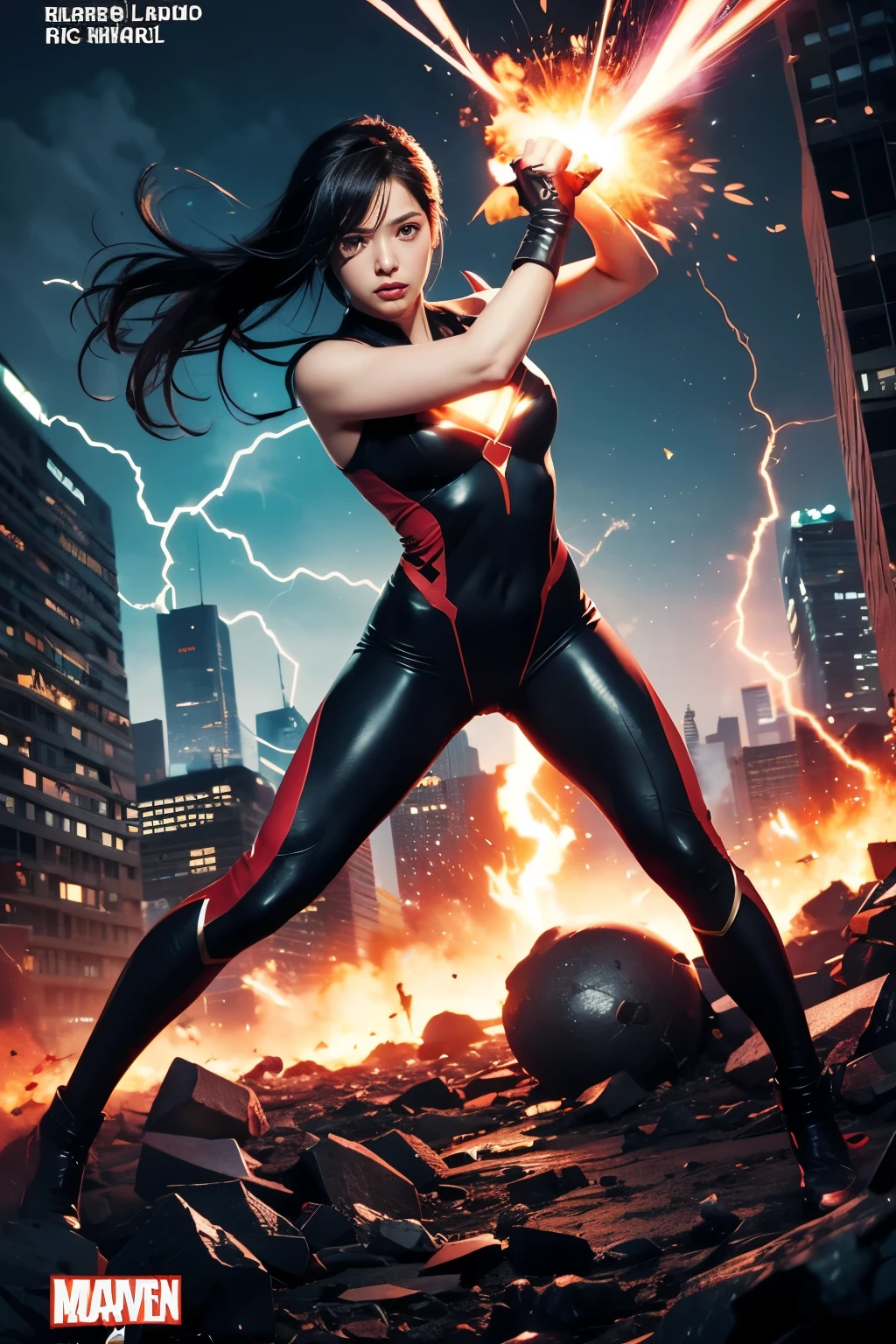 Sarada Uchiha,bodysuit, comic book cover style,comic book cover title,superhero land,city, action,fight,black eye,explosion,purple,Lightning,Orange,Red,pink