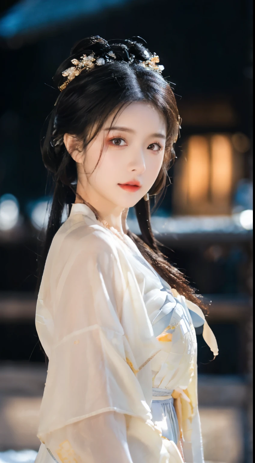 、(top quality,masterpiece:1.3,Ultra-high resolution,),(Super detailed,Caustic lines),(Reality:1.4,RAW Shooting,)Ultra-realistic capture,Very detailed,HD 16K，Suitable for human skin、 Natural skin texture、、Skin looks healthy and even-toned、 Use natural light and color,A woman,Kawaii,black hair,Medium Length Hair,(Depth of Field、Chromatic Aberration、、Wide lighting range、Natural shadows、)、(Nighttime outdoor lighting:1.4)、(Snow Scene:1.2)、(Hair blowing in the wind:1.1)(photoPractical, best quality, Ultra-high resolution, Extremely detailed eyes and face:1.3),(1 Girl, Solitary:1.3),On a wooden boat,Black Hair,Practical,long hair,Jewelry,Upper Body,White see-through Hanfu,Vague,earrings,Lips,Chinese clothes,Hair accessories,black eyes,Vague background,looking off to the side,Shut up,