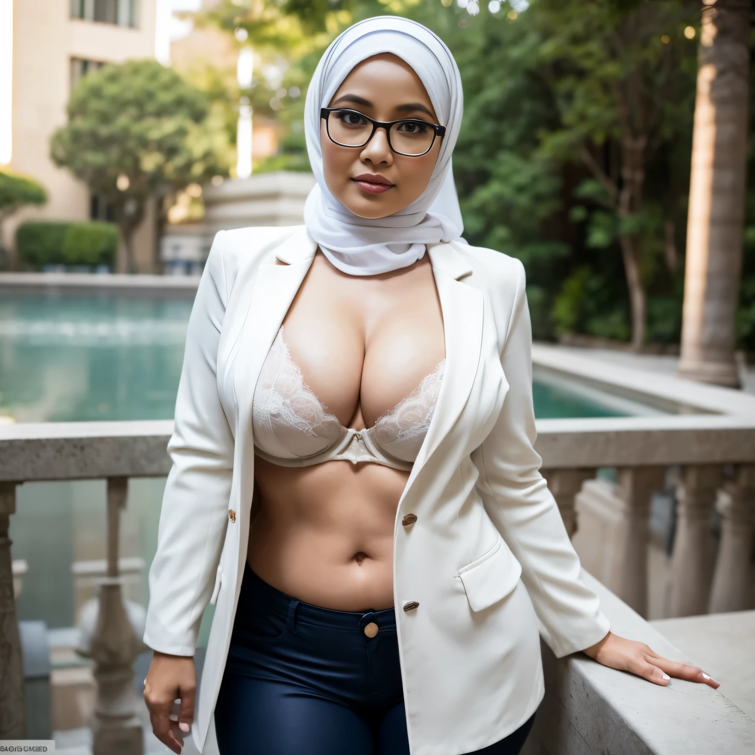 56 Years Old, ((Beautiful Hijab Nerdy Indonesian Mature woman)), White Porcelain skin, (Huge Tits) Curvy body, wearing Blazer, ((Tight Unbuttoned Blazer)), ((Strap Bra)), (Curvy Body), Full body shot, Professional Photoshot, Professional High Lightning, At Daytime, Light Colour, 7560P, Canon EOS 250D, 128K UHDR Best Quallity
