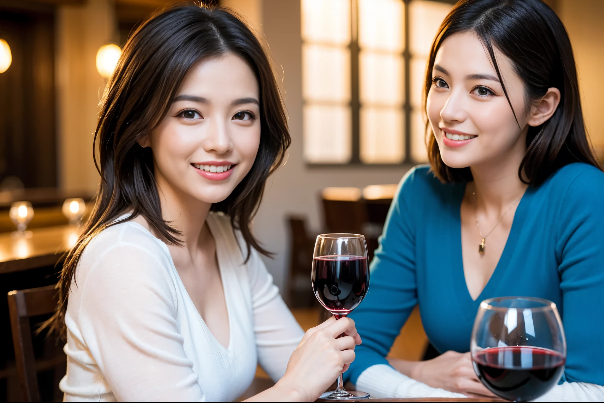 ((highest quality、8k、masterpiece:1.3))、1 male、1 female、石原さとみ似美女Couple、Spouse、Couple、The body is slim、((Bob Hale、Straight hair:1.2)), (Realistic, Intricate details:1.2), テーブルの上のwine glass、Shine light on your face、 Amazing view of the sunset sky and clouds、Amazing mountain views、A bright smile、The wonderfulness of smile、Bright image、The beauty of wine, Beautiful Face, blue eyes, The light shines on your face, Blushing, short hair,Bright Face、 (Age 37), "41 years old, red wine 、Appetizers、Italian food、Wine bottle、Champagne、sparkling wine、Two beauties、Brown Hair、Shortcuts、Long sleeve shirt、dress、Pretty Woman 1, (slimな顔), (The body is slim), (Brown Hair), (Shortcuts), cheeks turn a little red,Attractive beauty、restaurant, In a prominent place (From the waist up) Nova Frog Style, actress, model, Upper Body, White wine, slim, wine glass, 中央に置かれたwine glass, smile, (smile: 1.15), Beautiful fine grain, Depth f/2,saturation, High Contrast, Strong light and shadow,Moist Body:1.5、3D texture、Delicate eyes、Brown Hair、The hair is very shiny、