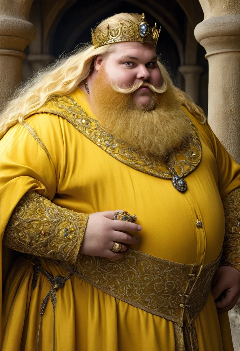 Man, 45, morbidly obese, small eyes, fat cheeks, huge belly, a forked yellow beard, crooked yellow teeth., long blond hear,. ge wears an elaborate yellow medieval dress which covers his body. He wears jewelry and has rings on his finger. Background: a medieval palace very luxury. (detailed), (best quality)