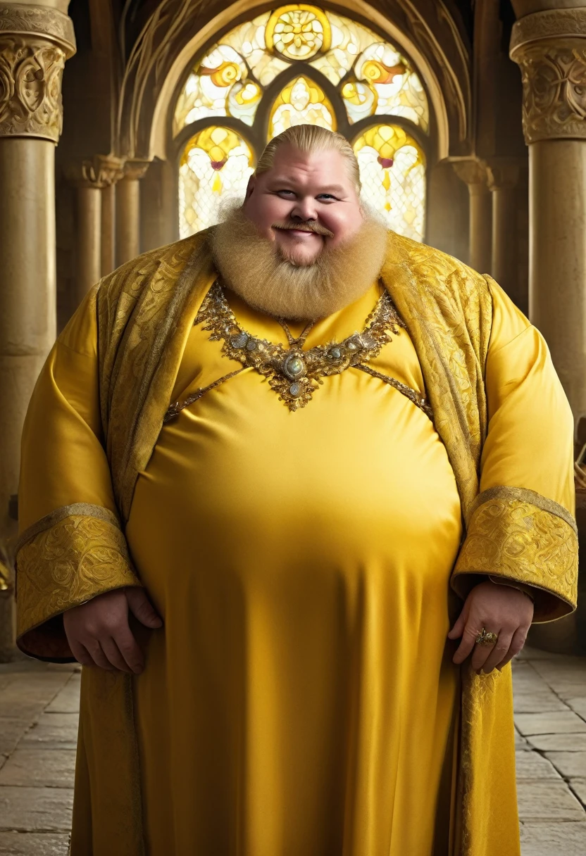 Man, 45, morbidly obese, small eyes, fat cheeks, huge belly, a forked yellow beard, crooked yellow teeth., long blond hear,. ge wears an elaborate yellow medieval dress which covers his body. He wears jewelry and has rings on his finger. Background: a medieval palace very luxury. (detailed), (best quality)