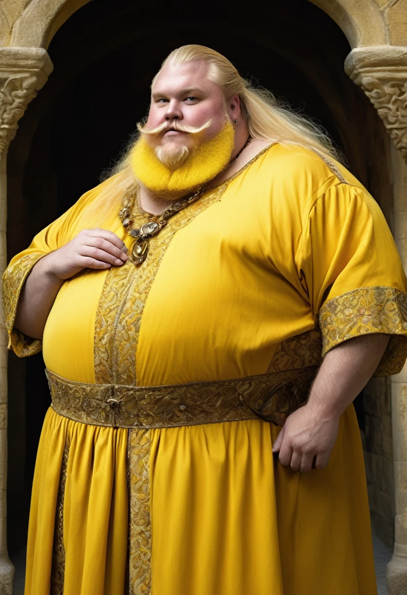 Man, 45, morbidly obese, small eyes, fat cheeks, huge belly, a forked yellow beard, crooked yellow teeth., long blond hear,. ge wears an elaborate yellow medieval dress which covers his body. He wears jewelry and has rings on his finger. Background: a medieval palace very luxury. (detailed), (best quality)