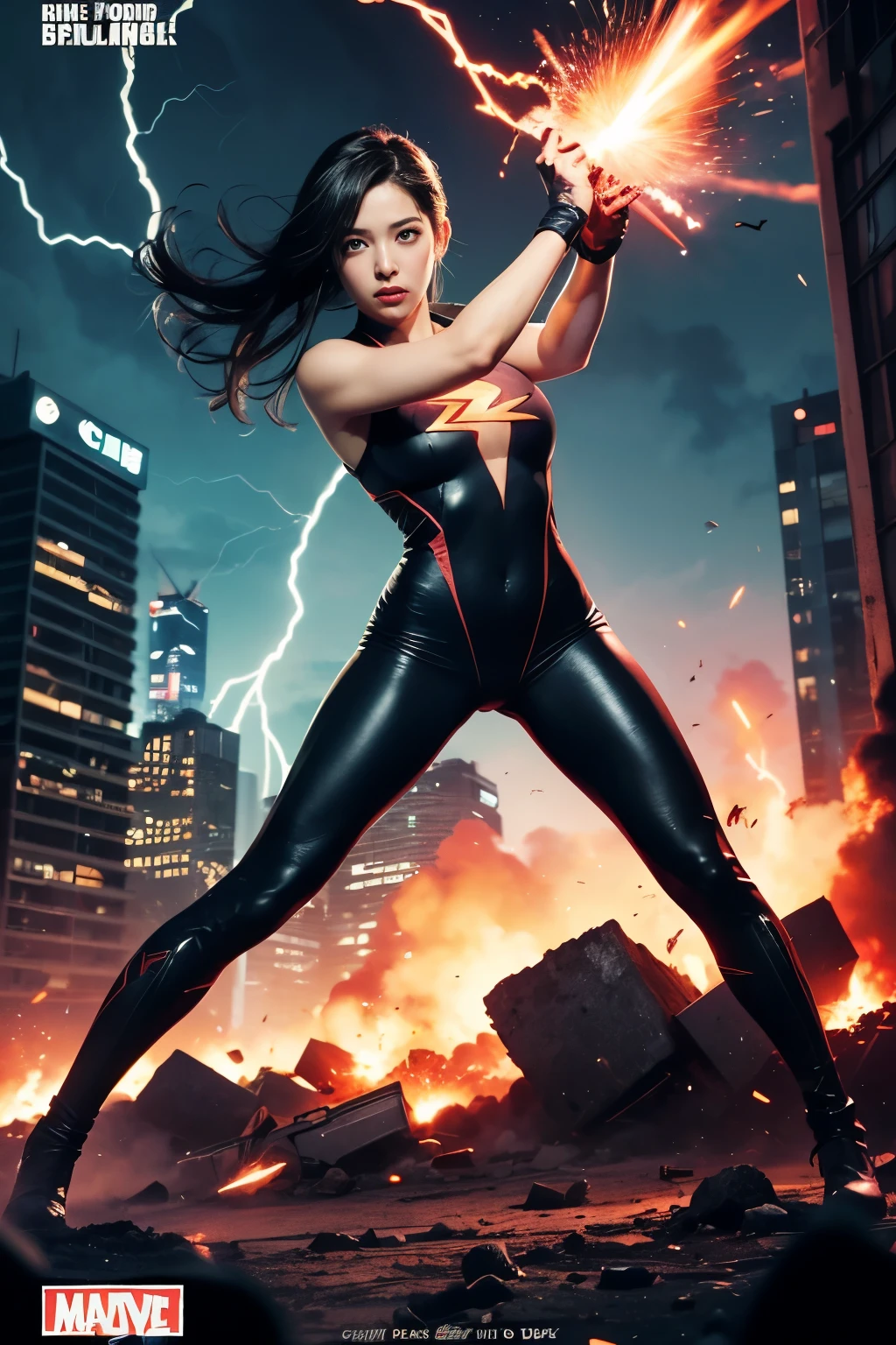 Sarada Uchiha,bodysuit, comic book cover style,comic book cover title,superhero land,city, action,fight,black eye,explosion,purple,Lightning,Orange,Red,pink