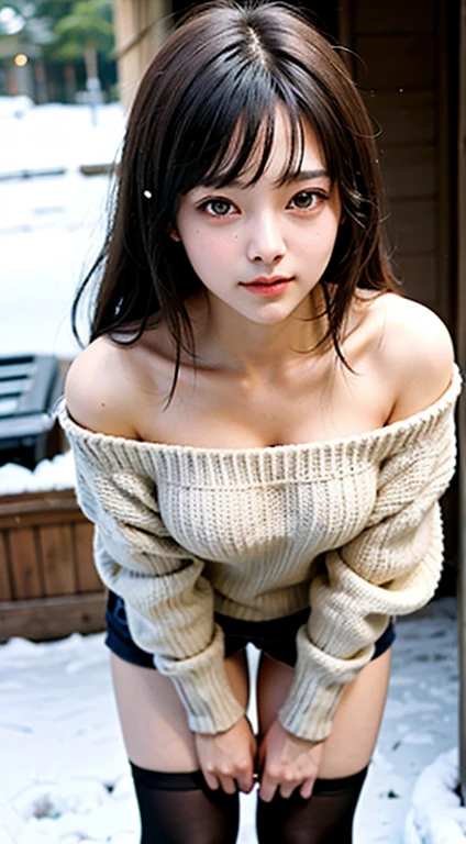 Reality, high resolution, Soft Light,1 Woman, Solitary, Hip lift, View Viewer, Upper body, (Delicate face), Beautiful fair and glowing skin、Chestnut hair that changes with light、The long bangs between the eyes block the view、Cheek Glossy Highlights、sexy and very beautiful pretty face、The most beautiful face in the world、Short Bob、Smooth straight hair、Large Breasts、Beautiful breasts、cleveage、Big and bright eyes、Beautiful bangs、Beautiful and beautiful woman。Small face beauty、Loose-fitting white wool sweater、Off-shoulder、tight mini skirt、Thick black pantyhose、snow boots、full-body shot、Beautiful thighs、Snow Scene、