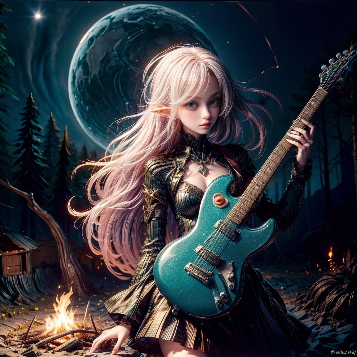 A beautiful 24-year-old elf girl, playing an electric guitar. She has a cute face and is dressed in a stylish, cool dress. The scene is set in a dark forest at night, with a clear view of the night sky. A campfire burns nearby, casting a warm glow around.