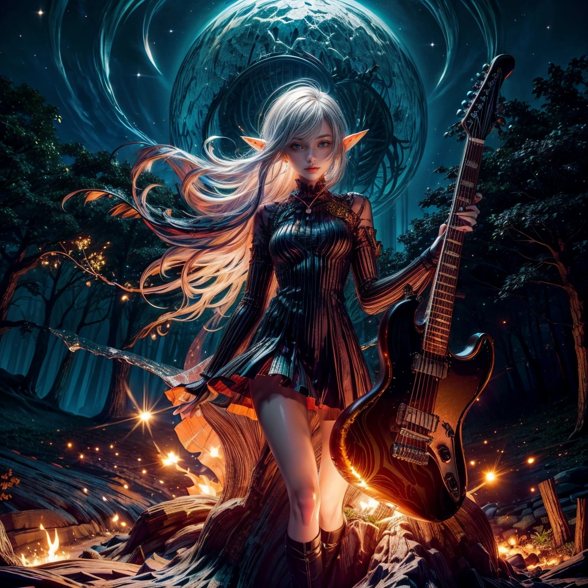 A beautiful 24-year-old elf girl, playing an electric guitar. She has a cute face and is dressed in a stylish, cool dress. The scene is set in a dark forest at night, with a clear view of the night sky. A campfire burns nearby, casting a warm glow around.