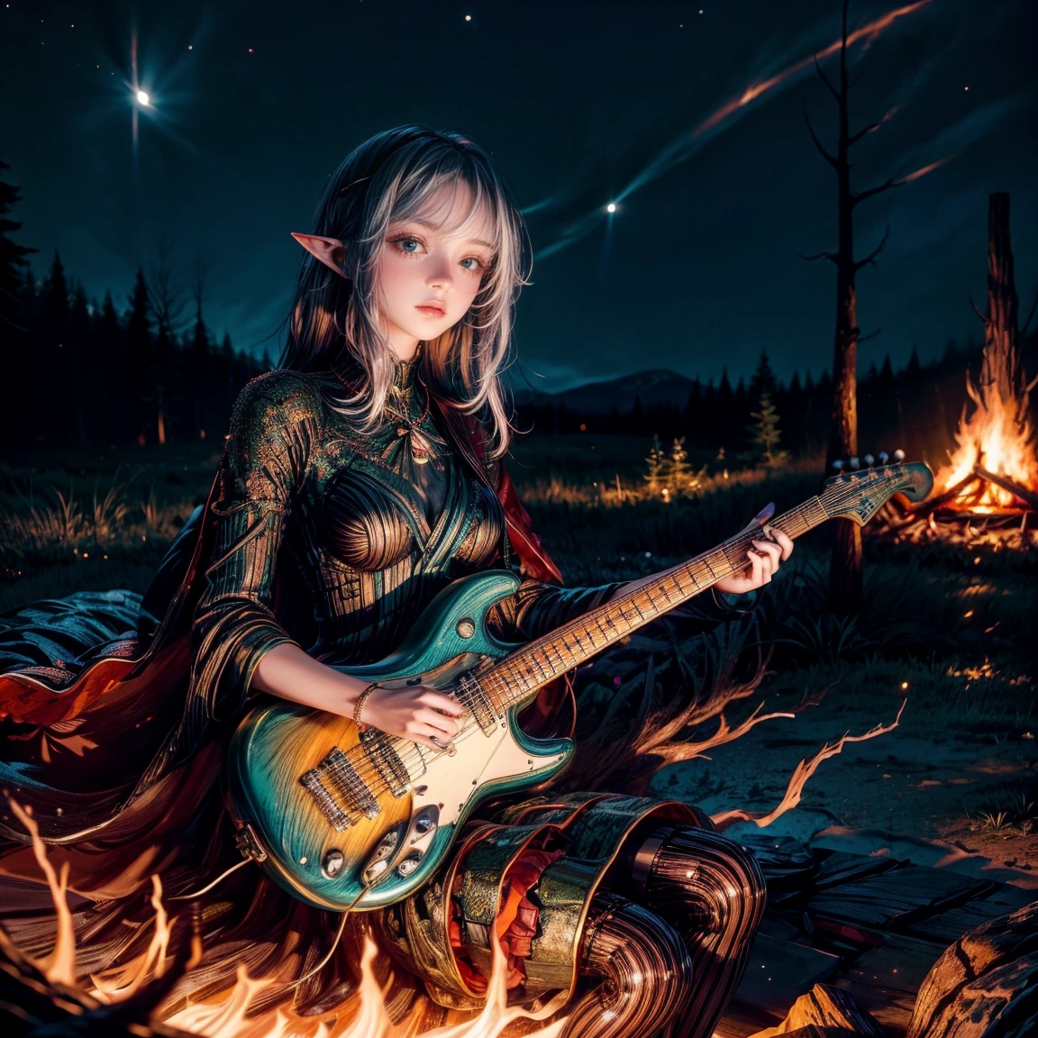 A beautiful 24-year-old elf girl, playing an electric guitar. She has a cute face and is dressed in a stylish, cool dress. The scene is set in a dark forest at night, with a clear view of the night sky. A campfire burns nearby, casting a warm glow around.