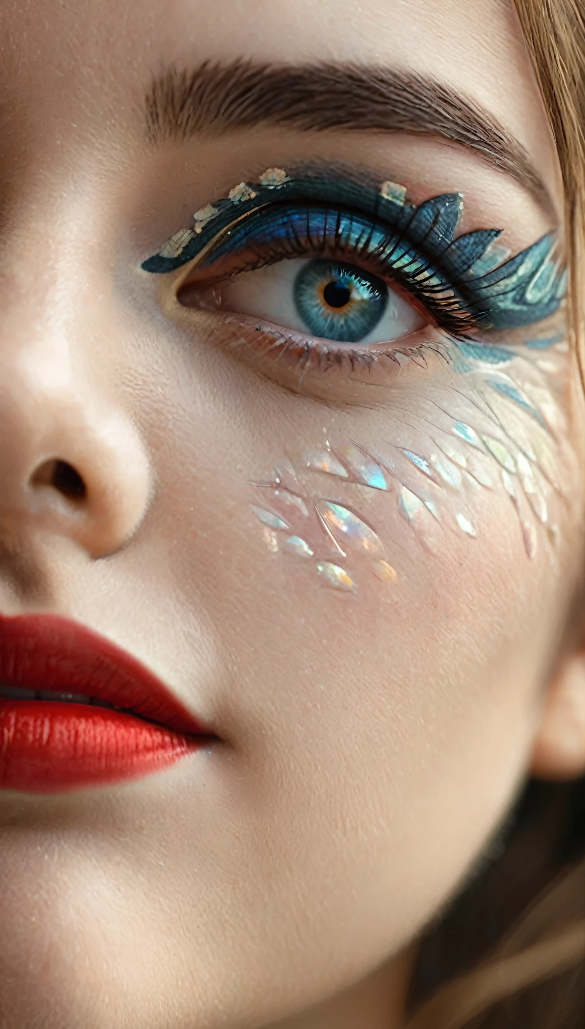 (((masterpiece, close-up of face))), beautiful happy woman, she looks at the sky and sticks out her tongue , sublime mouth with very detailed lips, close-up shot,natural lighting, detailed skin, cute nose, beautiful eyes, iris made of Helix Nebula, eyeliner, eyeshadow, mascara, ((helix nebula)), red lips extremely detailed, light happy smile, gloss, a cute discreet dimple on the cheek, amazing composition,(subsurface scattering:0.5),amazing textures,filmic,chiaroscuro,soft light, extremely detailed,((best quality,ultra-detailed,intricate details,ultra-realistic, profile photo, a little fractal tattoo on the cheek))