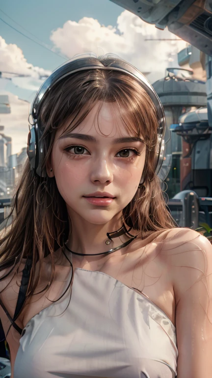 masterpiece, highest quality, Very detailed, 8k, RAW Photos, Realistic, One Girl, alone, Rim Light, Very detailed face, (Contrasting:1.1), Shoot from the front, (head shot:1.6), Upper Body,topless, smile, Amazingly cute young Russian girl, Droopy eyes, pale pink plump lips, Light brown straight medium hair、With bangs, Light brown thin eyebrows, Oily skin, Wet Skin, Put on some high-tech headphones, Mid-chest, Cyberpunk city residential area, thunderclouds in the sky, Midsummer