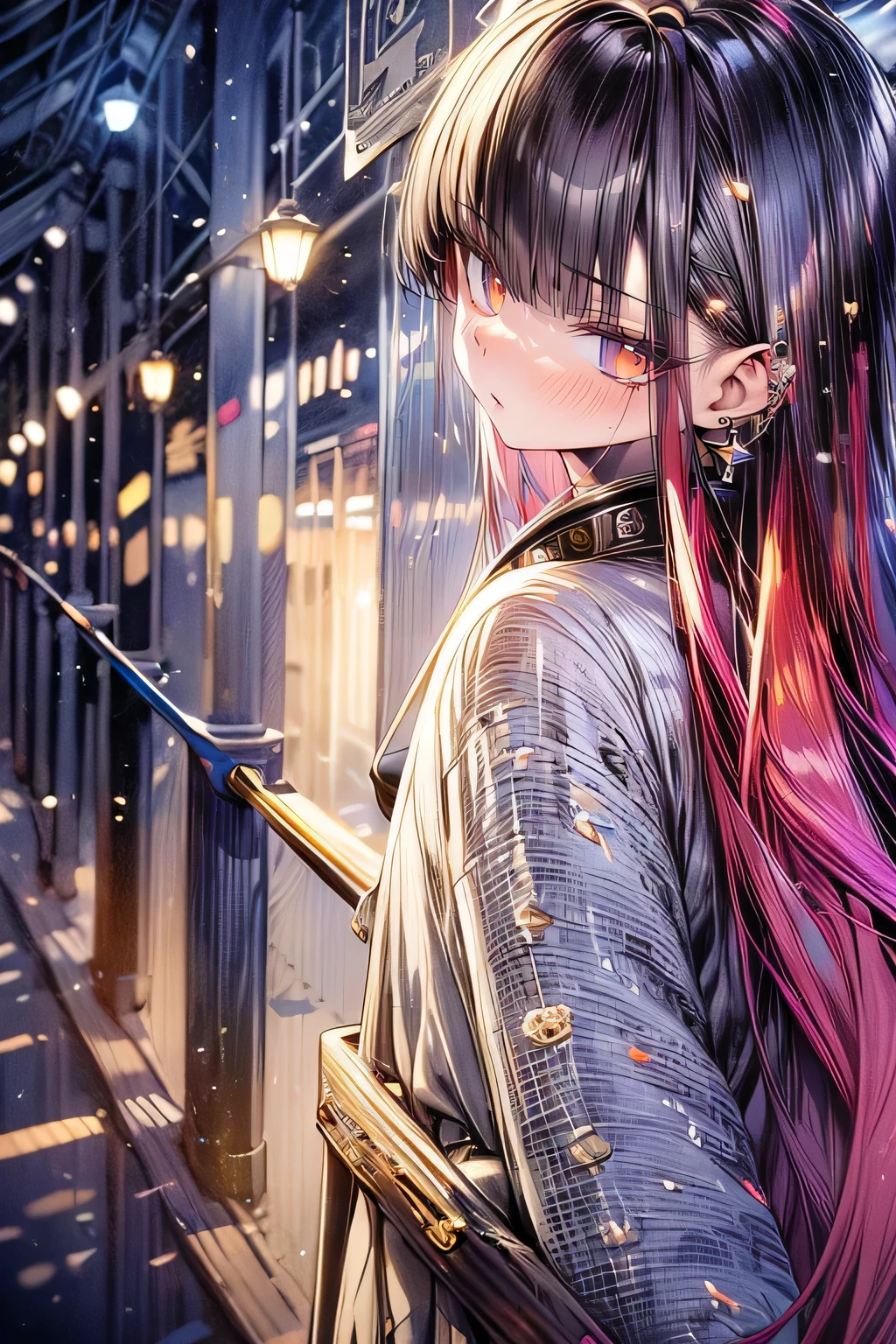 (best quality),(masterpiece), (extremely detailed 8K wallpaper),ultra-detailed,cinematic lighting, detailed light, best shadow, dyanamic angle, from down, train station, train, signal light, 1girl, red hair, aqua eyes, earring, single horn, strip mark on face, shone, white shirt,, detailed face, detailed reflctive eyes, beautiful eyes, extremely deatiled face,reflective hair,