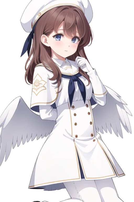 (highest quality:1.5),(White Pantyhose:1.5),1 Female,Shadowed face, Brown Hair, Long Hair,White Hat, White Beret, White sleeves, Long sleeve, White gloves, White Dress, Capelet, White Pantyhose, Sailor collar, White Wings, Wings with feathers, Angel Wings, Low Wing, black neckerchief, Black Loafers, Hello, Blue cuffs,Belly button,
abdomen, 