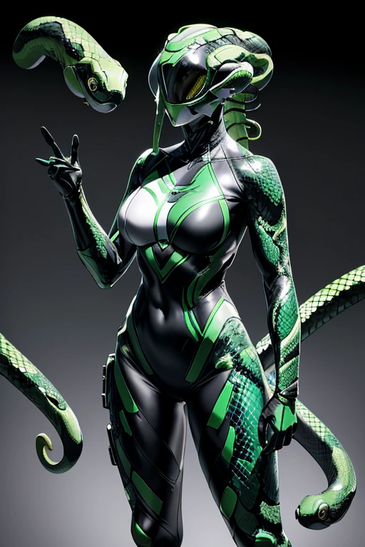 A beautiful girl who merged with a snake. (high quality) （Black and green image color）. Bodysuits. cyber style. Circuit pattern. Biological Armor. Biological Helmet. Eye mask.