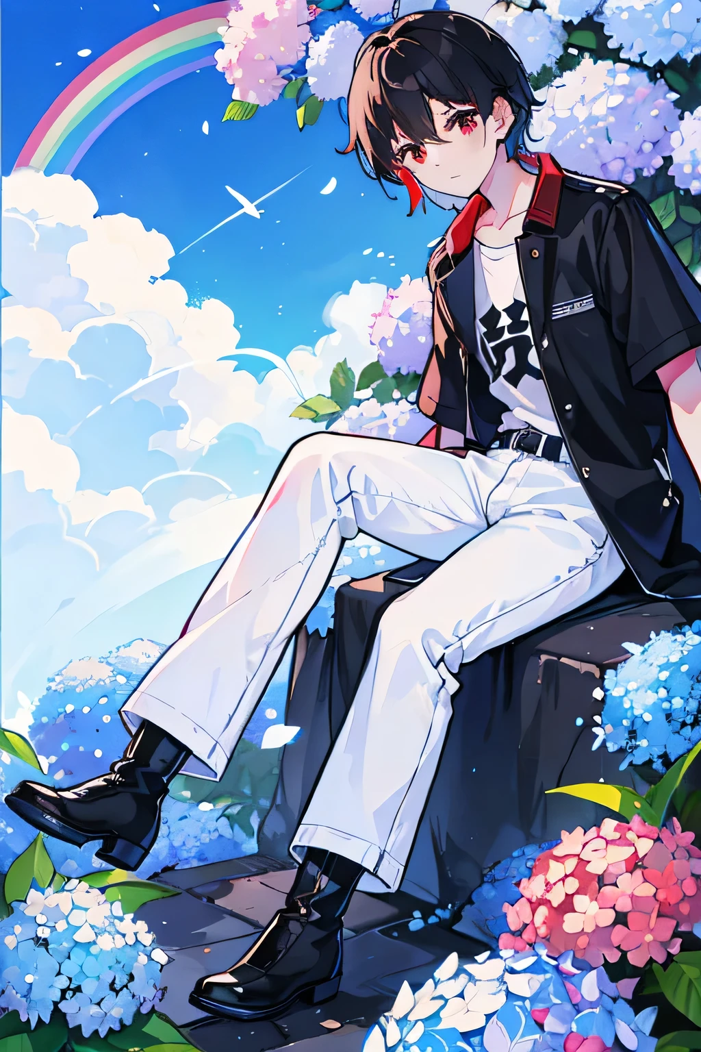 blue sky、after the rain、rainbow、hydrangea、Black coat、White T-shirt、Denim long pants、Brown boots、Red short-haired、Red eyes、High school boys
