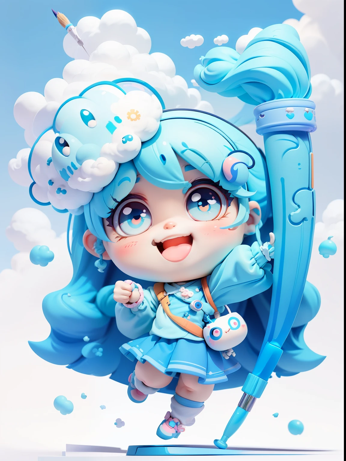 A cute chibi kawaii style drawing，Depicts a blue-haired girl holding a paintbrush in one hand，Another thumbs up，Happy and smiling，She has big eyes，Vibrant colors。A lovely cloud above her head，The background should be pure white，Give it high quality、Vector art and rich colors